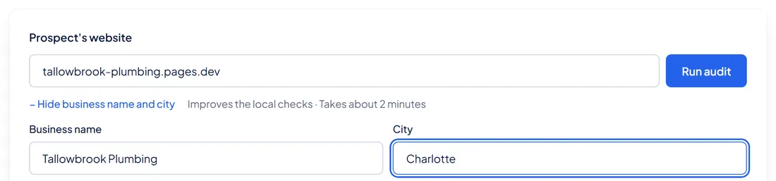 The address box in the AuditBolt dashboard, with tallowbrook-plumbing.pages.dev typed in, plus business name and city